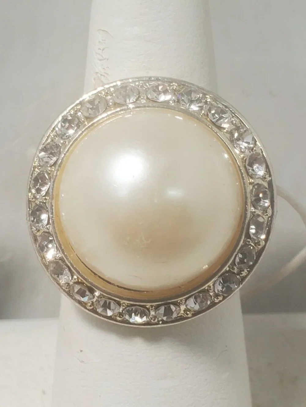 Bijou Faux Pearl & Rhinestone Cocktail Ring – Adjustable Size